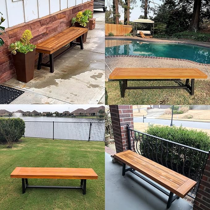 PHI VILLA Outdoor Acacia Wood Bench, 63" Long Patio Wooden Picnic Bench for 3 People, Backless Oil Finished Teak Furniture for Garden, Porch, Yard