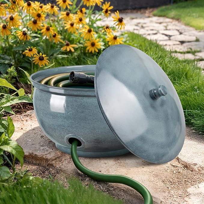 Monarch Abode Garden Hose Holder with Lid – Decorative Water Hose Holders for Outside, Smooth Metal Patina Pot with Drainage, 100ft Waterhose Holder for Outside, Garden Storage Caddy
