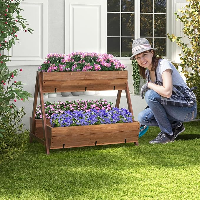 S AFSTAR 40-Inch Vertical Raised Garden Bed, 3 Tiered Wooden Planter Boxes 44" L x 36" W x 35" H, Drainage Holes, Indoor Outdoor Flowerbed, Freestanding Elevated Planter Box for Garden Flower Veggies