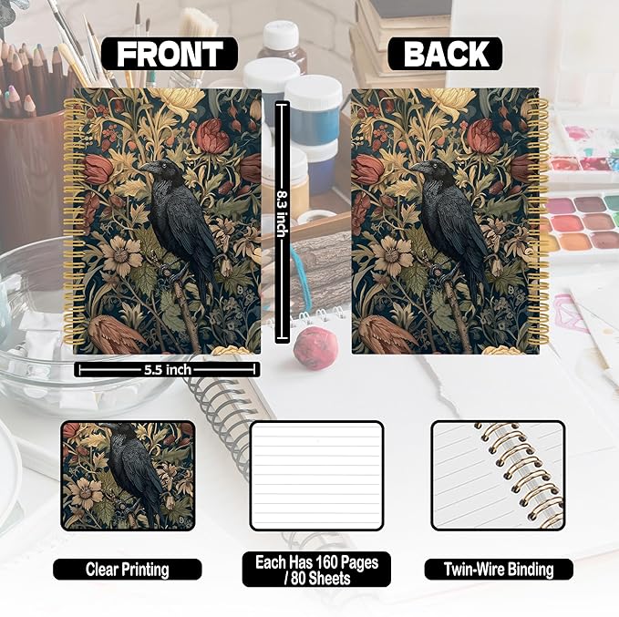 XPH William Morris Crow Spiral Notebook, Dark Cottagecore Journaling Notebooks for Note Taking, Vintage Floral Raven Hardcover Journal for Writing 160 Pages 5.5 x 8.3 Inch, Crow Gifts for Women