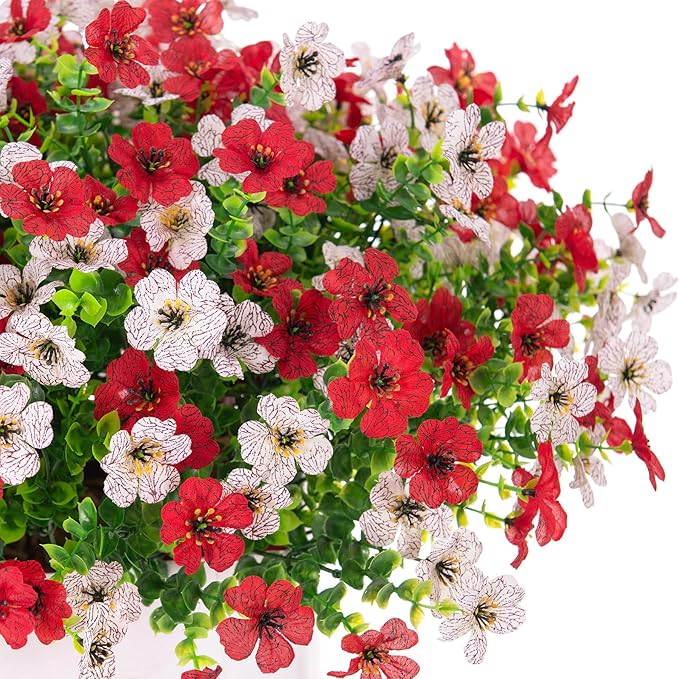 Artificial Fake Plants Flowers for Outdoor Spring Summer Decor, 12 Bundles Faux Silk Daisy for Planter Pot Colorful UV Resistant Look Real for Front Door Porch Patio Outside Yard(Red White)