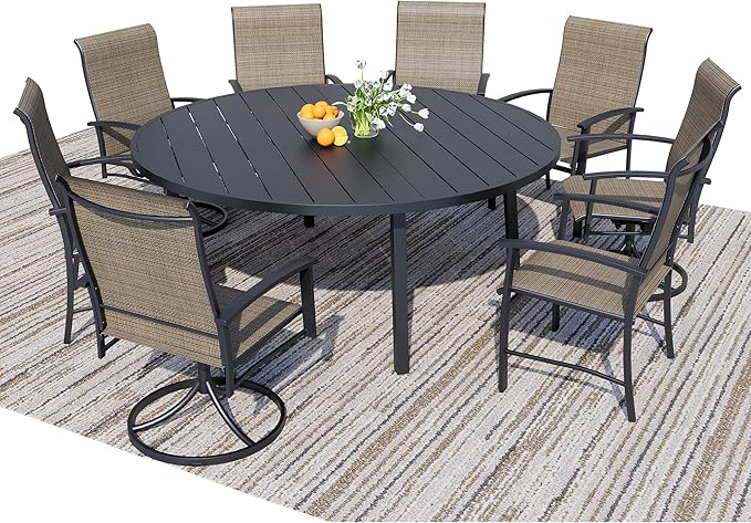 9 Piece Outdoor Dining Set, 60" Black Round Outdoor Dining Table with 4 Mocha Swivel Outdoor Dining Chairs and 4 Fixed Patio Table and Chair Set of 8 for Lawn, Garden, or Porch