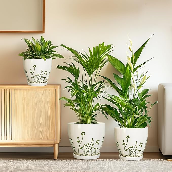 Ceramic Planters for Indoor Plants - 10+8+6 Inch Plant Pots with Drainage Holes and Saucers, Decorative Boho Round Outdoor Planters, Garden Decor, Gardening Gifts for Women Men, Set of 3, White