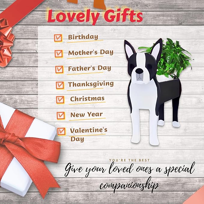 Boston Dog Planter Plant Pots,Cute Dog Flower Planter,Gifts for Pet Lovers,Unique Animal Plant Pots,Office,Indoor Outdoor Garden Decor(9.45 * 6.73 * 13.39in)