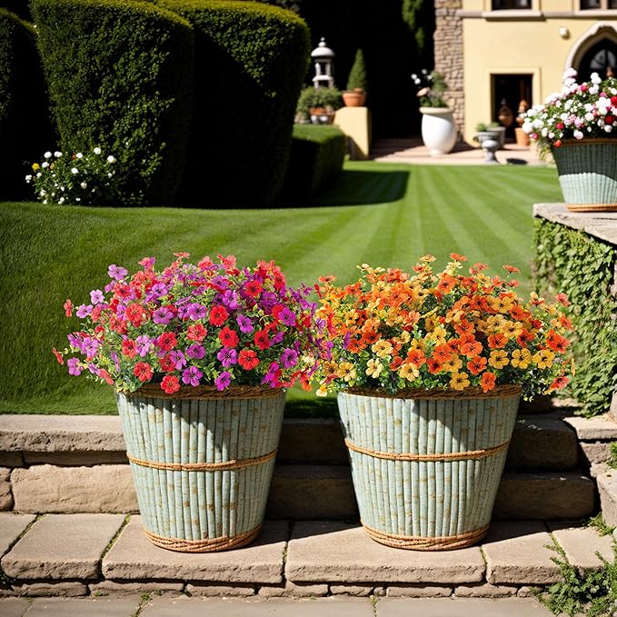Artificial Fake Mums Flowers for Outdoor Fall Decor, 12 Bundles Faux Silk Plants Daisy for Planter Pot Colorful UV Resistant Look Real for Front Door Porch Patio Outside Yard(Red Purple)