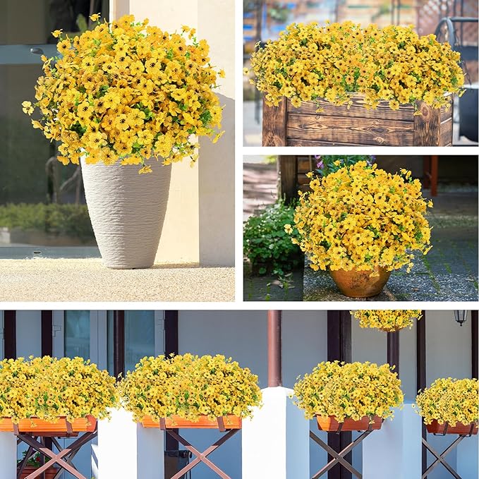 24 Bundles Artificial Flowers for Outdoors Decorations, Fake Flowers Artificial Plants Outdoor, Colorful Daisy Eucalyptus Realistic UV Resistant for Garden Patio Porch Home Decor, Yellow
