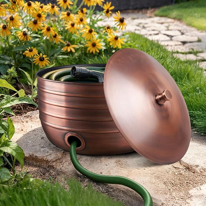 Monarch Abode Garden Hose Holder with Lid – Decorative Water Hose Holders for Outside, Border Embossed Metal Antique Copper Pot with Drainage, 100ft Waterhose Holder for Outside, Garden Storage Caddy