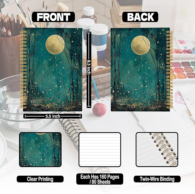 XPH Nature Forest Moon Spiral Notebook, Dark Cottagecore Academia Journaling Notebooks for Women, Mystical Forest Landscape Hardcover Journals for Writing 160 Pages 5.5 x 8.3 Inch, Moon Gifts