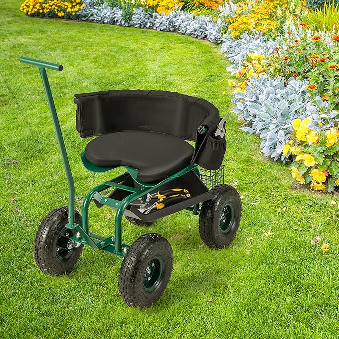 Goplus Rolling Garden Seat with Wheels, Outdoor Garden Cart with 360° Swivel Seat & Tool Storage, 2 Steering Handles, Gardening Stool Wagon Scooter, Lawn, Patio Gardening Workseat for Seniors