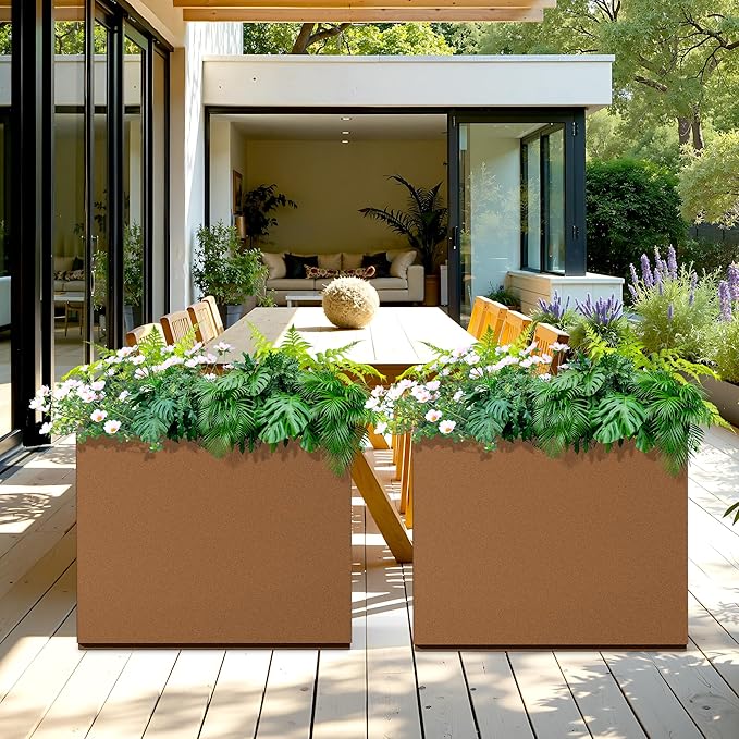 Rectangle Planter for Indoor & Outdoor, Tall and Long Planter Boxes with Drainage Holes, Mental Divider Planter Box All-Weather Use for Plants, Flowers, 29.9" L x 12" W x 24" H, Brown