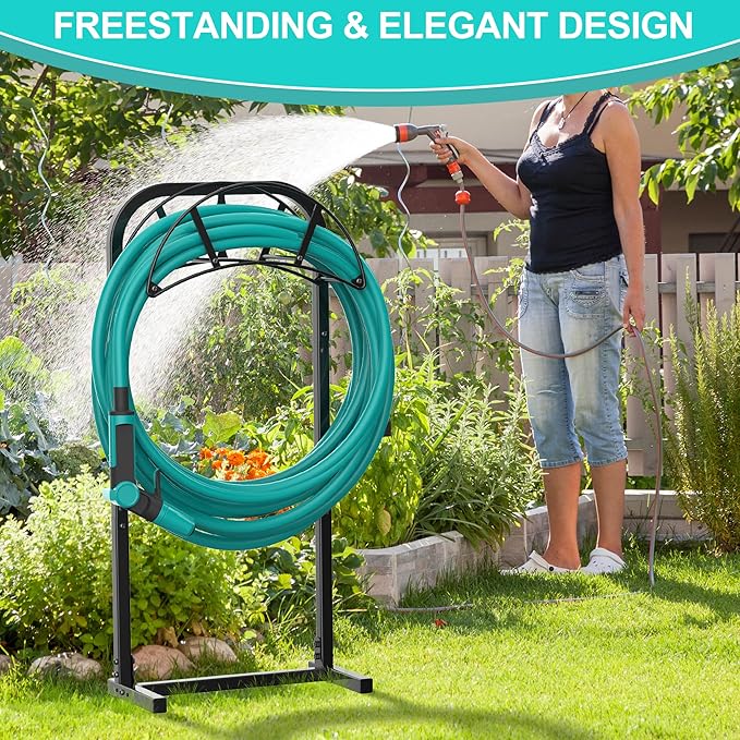 Meykwod Garden Hose Holder, Heavy Duty Water Hose Holder with 4 Spikes Holds 150ft Water Hose, Sturdy Freestanding Hose Stand Hose Hanger Hose Storage for Outside Yard Lawn (Metal, Black)