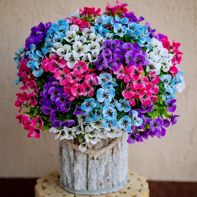 Artificial Pansies Outdoor Fake Plants - 16 Bundles UV Resistant No Fade Faux Shrubs Plastic Greenery Home Garden Porch Patio Decoration (16, Mixed03)