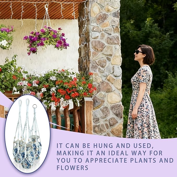 3 Pack Macrame Plant Hanger Indoor Hanging Planter Basket with Wood Beads Decorative 3 Hooks and Expansion Tube for Boho Home Decor Outdoor Different Size 23"/29"/35"