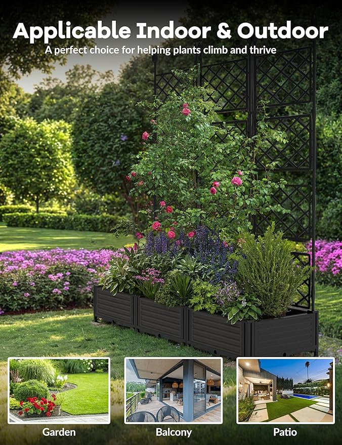 3 PCS Raised Garden Bed with Trellis, 50 in W x 63"Tall Plastic Planter Box for Climbing Plants, Outdoor Vertical Garden with Privacy Screen for Patio, Balcony, Backyard โ Sturdy & Lightweight