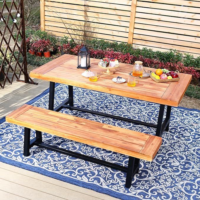 Sophia & William Acacia Wood Patio Dining Set with 1 Table and 2 Benches for 6, Oil Finished Tabletop and Spray Painted Legs, 3 Pieces Patio Dining Furniture for Porch Backyard, Teak and Black