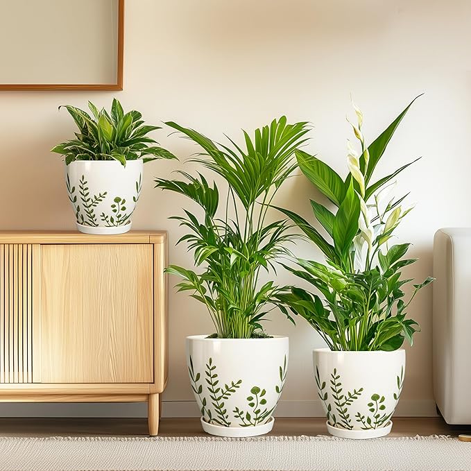 Ceramic Pots for Plants - 10+8+6 Inch Planters for Indoor Outdoor Flowers, Boho Round Decorative Flower Pots with Drainage Holes and Saucers, Home Decor, Gifts for Plant Lovers, Set of 3, White