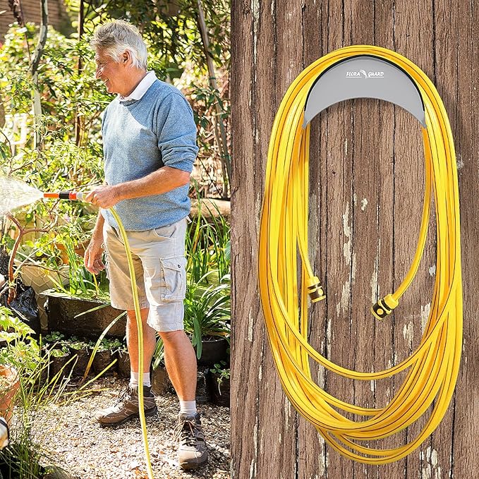 FLORA GUARD Garden Hose Holder, Heavy-Duty Metal Hose Hanger, Holds Up to 125 ft, Gaeden Hose Wall Mount for Outdoor Patio, Rust and Slip Resistant (Gray)