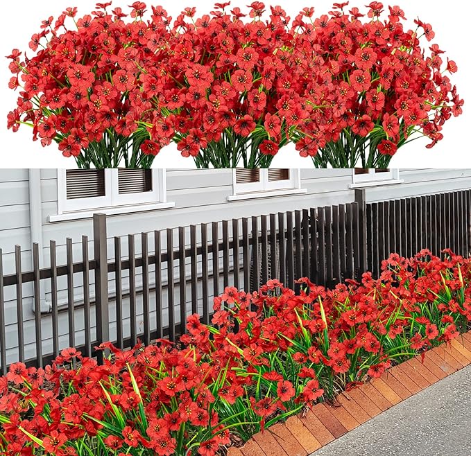 21 Bundles Artificial Outdoor UV Resistant Flowers No Fade Fake Outside Flowers Plastic Greenery Faux Shrubs Garden Porch Window Box Home Decoration (red)