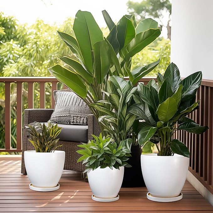Ceramic Pots for Plants - 6.8 Inch Plant Pot with Drainage Hole and Saucer, Succulent Round Flower Planters for Indoor, Home Decor, White