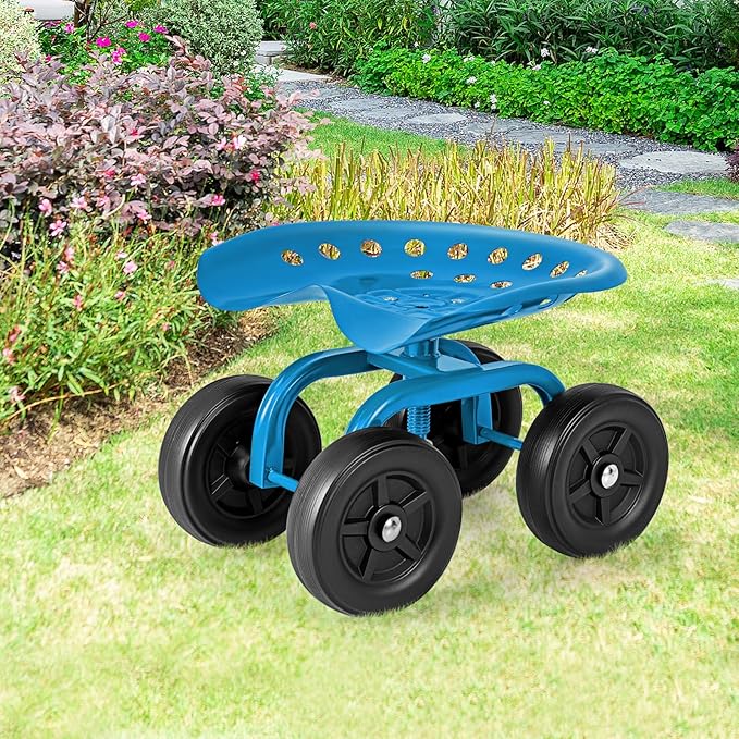 Garden Cart with Seat, Heavy-Duty Rolling Outdoor Wagon Scooter w/Height Adjustable & 360° Swivel Seat, Gardening Work Seat Stool, Patio Scooter on Wheels for Lawn Yard Planting (Blue)
