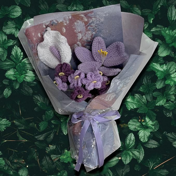 Purple Tulip Baby's Breath Peace Lily Crochet Flowers Bouquet Handmade Knitted Artificial Flowers Home Decor