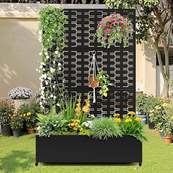 Metal Raised Garden Bed with Trellis, 2-in-1 Planter Box & Privacy Screen for Climbing Plants, Outdoor Standing Flower Bed with Drainage Holes, 47.2" L x 16.7" W x 70.8" H, Black-Brick