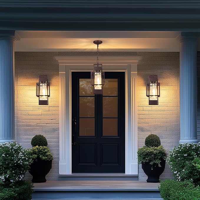 15" Outdoor Indoor Pendant Light Exterior Hanging Lantern, Modern Metal Outside Chandelier Light Fixture Ceiling Mount with Water Glass for Front Porch Entrance Foyer Entryway, Oil Rubbed Bronze