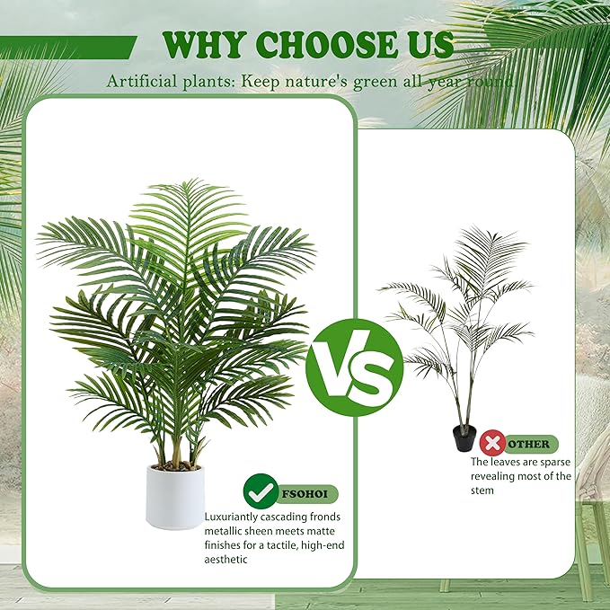 Artificial Palm Tree Indoor, 3.5FT Tall Faux Plants, Fake Tropical Silk Floor Plant with White Planter, Faux Areca Palm Plant Artificial Tree in Pot for Home Room Office Outdoor Patio Decor