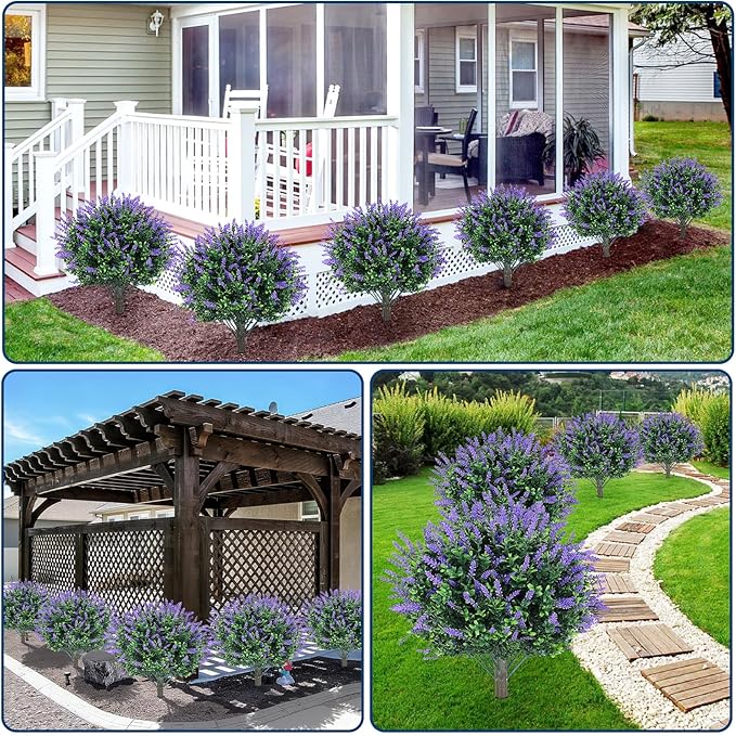 Garvee Set of 2 Artificial Lavender Topiary Ball Trees, 23" H UV Resistant Faux Boxwood Bushes with Ground Spike, Outdoor Fake Shrubs Evergreen Decorative Plant for Indoor Porch Garden Backyard