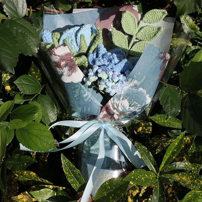 Blue Rose Crochet Flowers Bouquet Handmade Knitted Artificial Flowers Home Decor