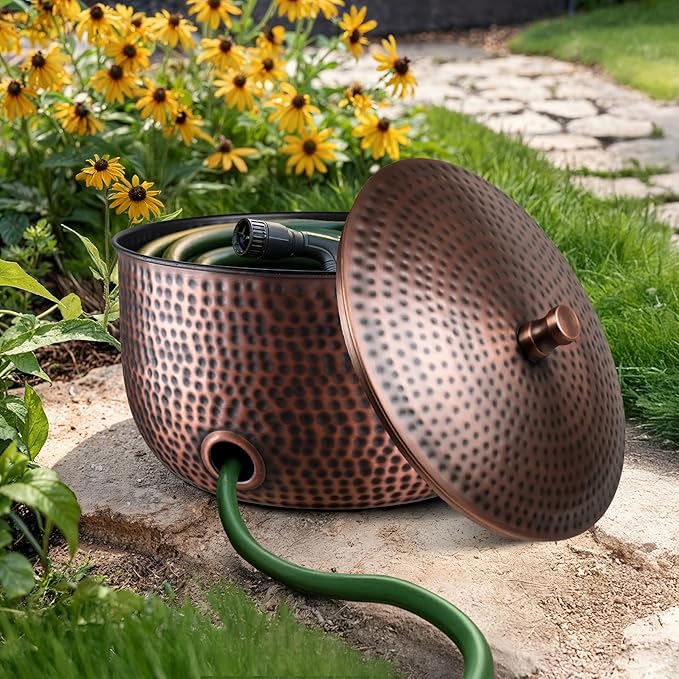 Monarch Abode Garden Hose Holder with Lid – Decorative Water Hose Holders for Outside, Hand Hammered Metal Antique Copper Pot with Drainage, 100ft Waterhose Holder for Outside, Garden Storage Caddy