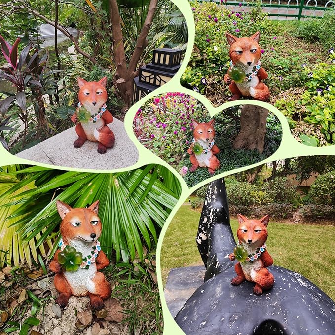 Solar Red Fox Garden Statue 12 Inch, Whimsical Woodland Animal Resin Garden Decor w/ Four-leaf Clover Light, Collectible LED Guardian Fox Outdoor Yard Ornaments for Spring St.Pactrick's Mom Gifts