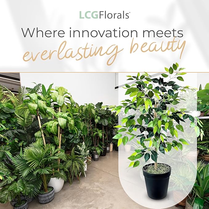 4ft Ficus Tree in Black Pot with Real-Wood Trunk - Indoor and Outdoor Faux Plants for Patio, Living Rooms, Offices & Outdoor Spaces