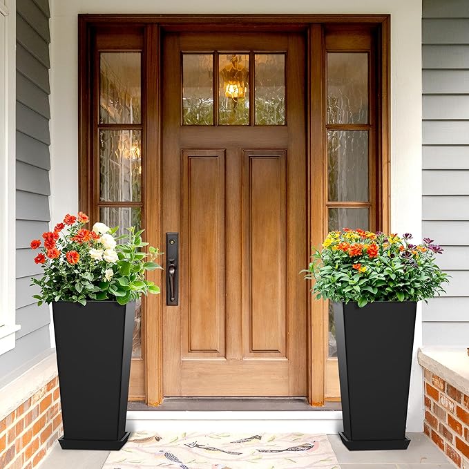 24 Inch Tall Tapered Square Planters (Set of 2) - Indoor Outdoor Large Flower Pots with Built-in Drainage & Matching Water Tray for Patio, Garden, Home - Black