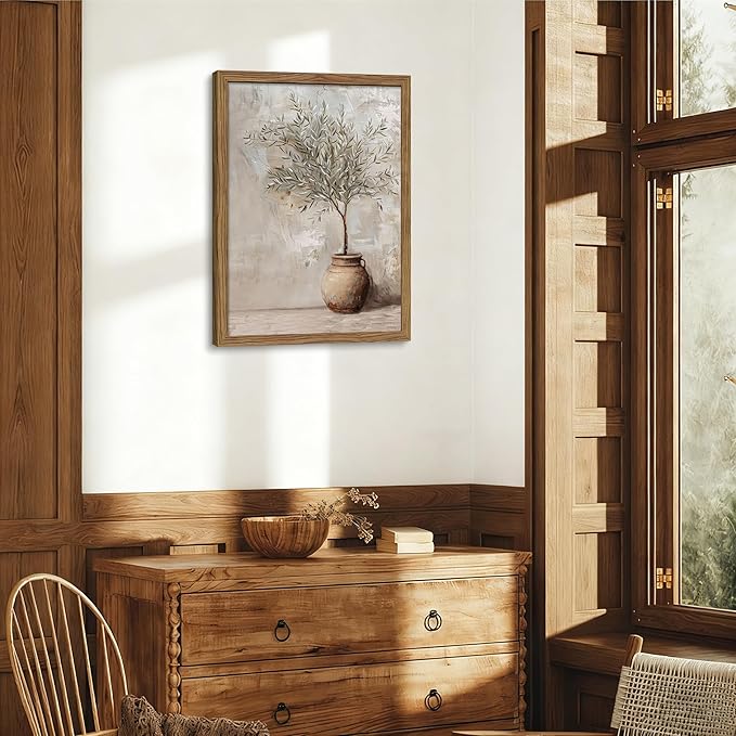 Vintage Olive Tree Framed Wall Art Prints, Modern Farmhouse Botanical Canvas, Rustic Potted Plant Paintings Wall Decor, Home Decor Aesthetic Pictures for Living Room Bedroom – 8x10 inch