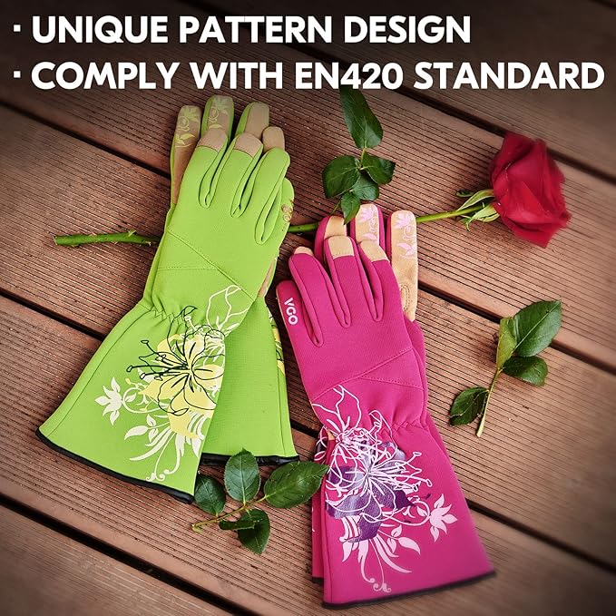 Vgo 1-Pair Ladies' Synthetic Leather Gardening Gloves, Long Sleeves Gauntlet, Breathable & Grip Work Gloves, High Dexterity, Washable (Size M, Red, SL7445)