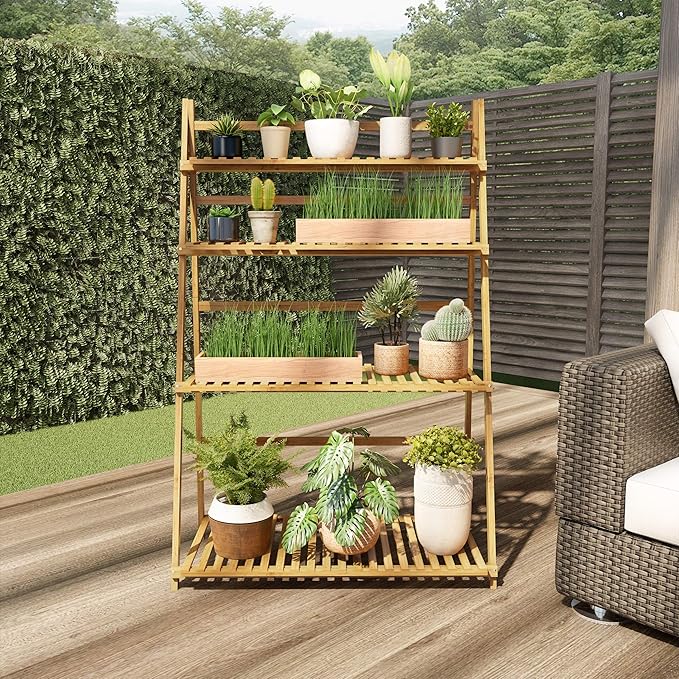 Pure Garden Ladder Plant Stand-4 Tier Freestanding Bamboo Storage Shelf-Foldable Indoor/Outdoor Rack for Flowerpots, Planters, Shoe Rack or Display