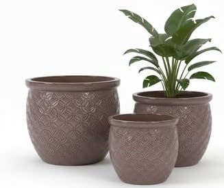 Set of 3 Ceramic Flower Pots, 9+12+15 Inches Modern Planters for Indoor Outdoor, Garden Patio Windowsill Decor with Drainage Hole-Antique Yellow