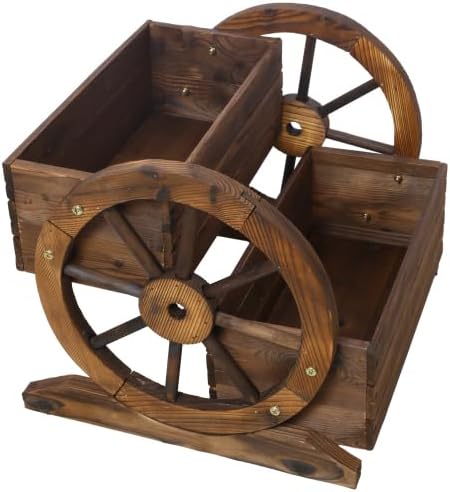 2-Tier Wooden Wagon Planter Box with Wheels – Farmhouse Rustic Garden Planter for Flowers, Herbs & Vegetables, Decorative Wooden Flower Cart for Patio, Garden & Balcony