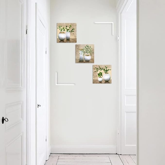 3 Piece Wall Art for Bathroom/Hallway, SZ HD Elegant Canvas Painting Prints of Green Spring Plants in Vases on Beige/Tan Picture (Waterproof Decor, Ready to Hang, 12x12 x3)