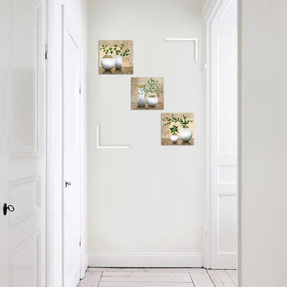 3 Piece Wall Art for Bathroom/Hallway, SZ HD Elegant Canvas Painting Prints of Green Spring Plants in Vases on Beige/Tan Picture (Waterproof Decor, Ready to Hang, 12x12 x3)