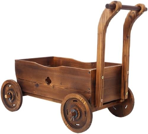 Wooden Wagon Planter Box with Wheels & Handle – Mobile Flower Cart Planter with Drainage Holes, Rustic Wooden Garden Planter for Patio, Garden, Balcony & Indoor Decor