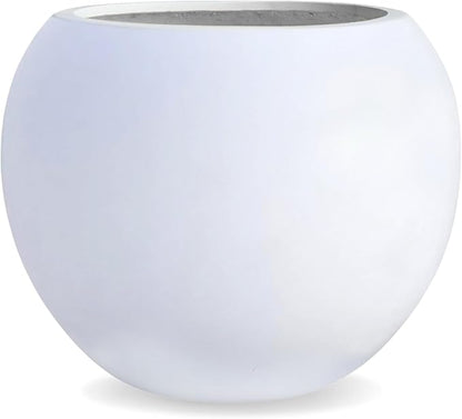9.7" H x 12" D Globo Fiberstone Round Planter with Drainage Hole, Smooth Finishes, Weather Resistant for Indoor and Outdoor Use, Included 2 Extra Coco Mats (White, 7.8" Pot Opening)