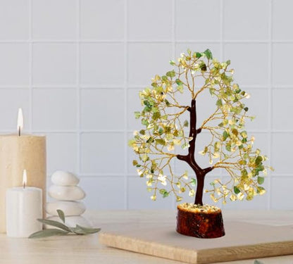 Green Jade Crystal Tree with Golden Wire – Handcrafted Gemstone Bonsai for Healing, Décor & Feng Shui