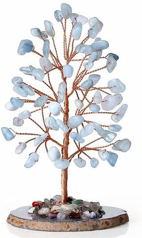 YATOJUZI Aquamarine Crystal Trees Natural Crystals Stones Gemstones Tree Copper Wire Agate Base Tree Of Life Feng Shui Decor Reiki Energy Lucky For Meditation Room Desk Home Decors Gifts For Women Men