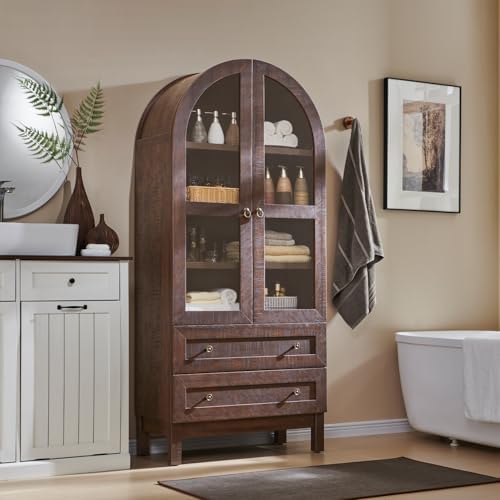 71" Tall Arched Bookshelf, 4-Tier Bookcase with Glass Doors and Shelves, Wooden Display Cabinet w/2 Large Storage Drawers, Modern Farmhouse Versatile Bookshelf for Living Room, Bedroom, Brown
