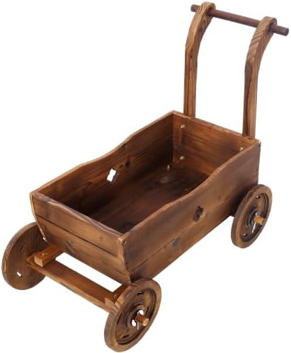 Wooden Wagon Planter Box with Wheels & Handle – Mobile Flower Cart Planter with Drainage Holes, Rustic Wooden Garden Planter for Patio, Garden, Balcony & Indoor Decor