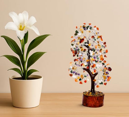 Mix Chakra Crystal Tree with Silver Wire – 7 Chakra Gemstone Bonsai Tree for Healing, Positivity & Decor