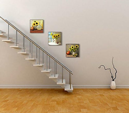 Sunflower Kitchen Wall Decor, SZ HD Still Life Oil Painting Canvas Art Prints of Bright Blooming Floral Illustration (Set of 3, Waterproof Artwork, 1" Thick Frame, Bracket Mounted Ready to Hang)