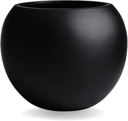 9.7" H x 12" D Globo Fiberstone Round Planter with Drainage Hole, Smooth Finishes, Weather Resistant for Indoor and Outdoor Use, Included 2 Extra Coco Mats (Black, 7.8" Pot Opening)